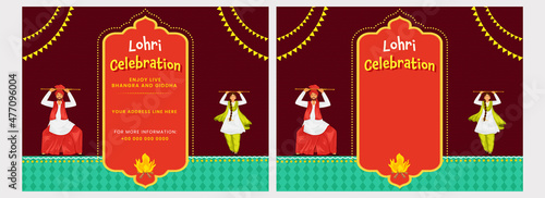 Lohri Celebration Invitation Cards Or Poster Design With Punjabi Couple Doing Folk Dance And Bonfire In Two Options.