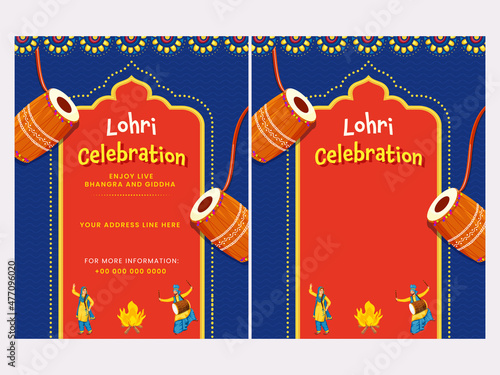 Lohri Celebration Invitation Cards With Event Details In Blue And Red Color.