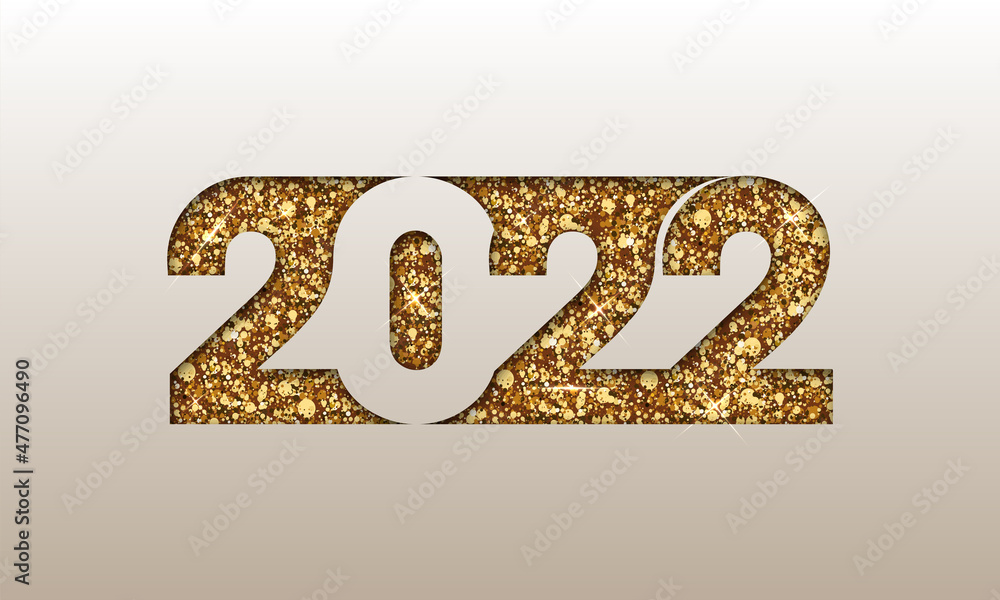 Paper Cut 2022 Number With Golden Glitter On Beige Background For Happy New Year Concept. Paper Cut 2022 Number With Golden Glitter On Beige Background For Happy New Year Concept.