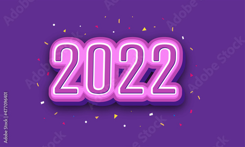 3D Render 2022 Number In Sticker Style With Confetti On Purple Background.