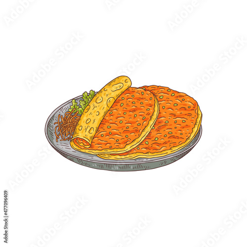 Lahmacun or Turkish pizza dish hand drawn color vector illustration isolated.