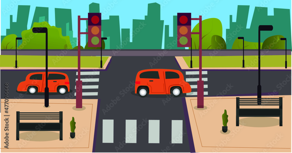 Obraz premium City illustration flat design road walk with a car