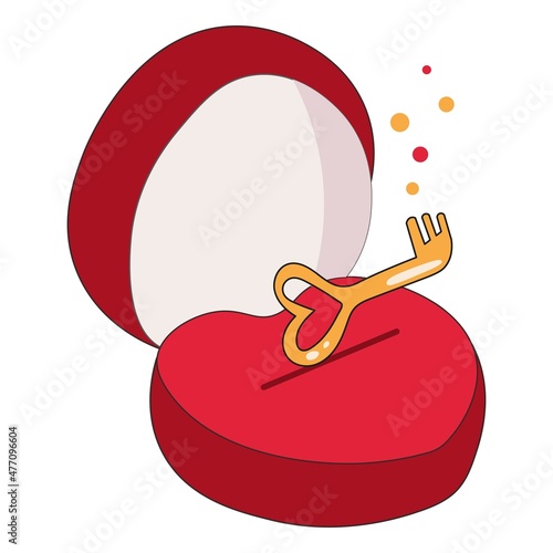 Gift box with a car or apartment key. Sweet surprise for Valentine's Day. A cute gift in the form of a heart for a holiday. Postcard flyer design banner advertising. Isolated vector in flat style.