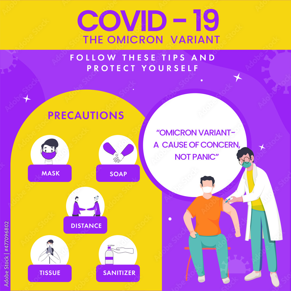 Obraz premium Covid-19 The Omicron Variant Based Poster Design With Precautions Details And Doctor Vaccinated To Patient.