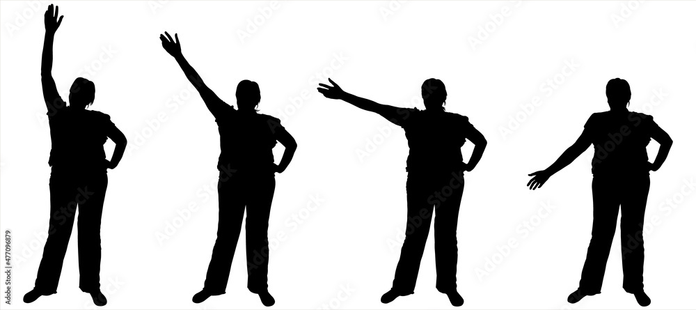 Physical exercise bends to the side with a raised hand. Fitness, healthy lifestyle. Female silhouette isolated on the white background. Fitness woman in sportswear doing stretching exercise.