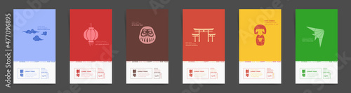 Traditional lunar new year promo stories banners design template set. Simple japanese stories frames or asian modern social posts. Minimal illustrations with kokeshi doll, torii gate, daruma, origami.