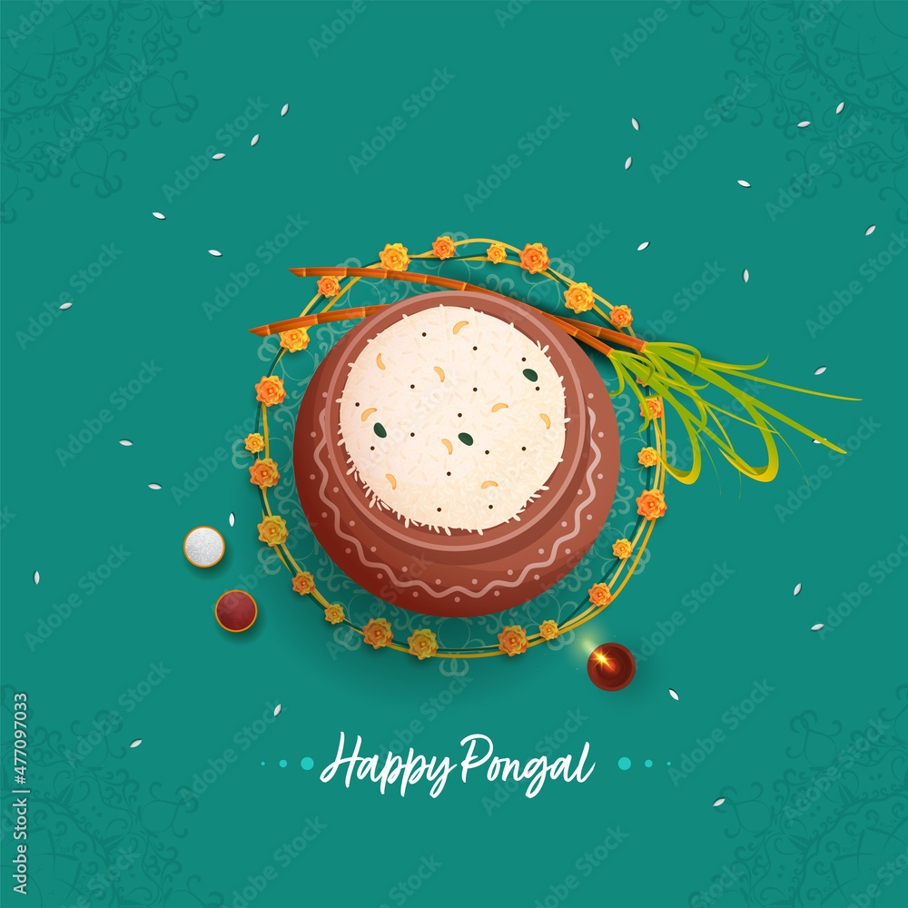 Happy Pongal Celebration Background With Top View Of Traditional Dish (Rice) In Mud Pot, Sugarcane, Lit Oil Lamp (Diya). - obrazy, fototapety, plakaty 
