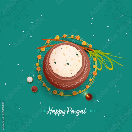 Happy Pongal Celebration Background With Top View Of Traditional Dish (Rice) In Mud Pot, Sugarcane, Lit Oil Lamp (Diya).