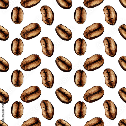 Watercolor painting pattern of roasted coffee beans isolated on white background. Dark brown coffee beans clipart for product design. Cappuccino is an ingredient in morning coffee. Cafe design element