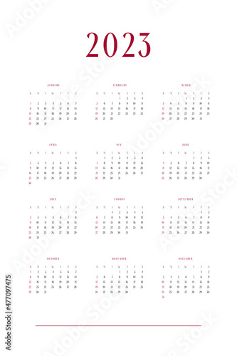 2023 calendar personal planner diary template in classic strict style. Monthly calendar individual schedule minimalism restrained design for business notebook. Week starts on sunday.