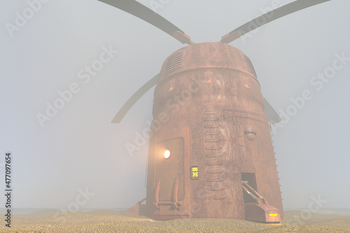 Fantastic old rusty unidentified flying object with a propeller in the fog. 3D illustration photo