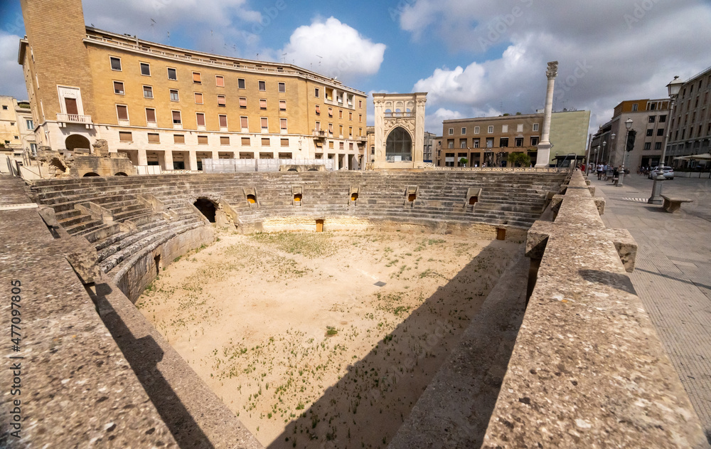 Lecce, Puglia, Italy. August 2021. Amazing view of the Roman amphitheater in piazza sant'Oronzo. Beautiful summer day.