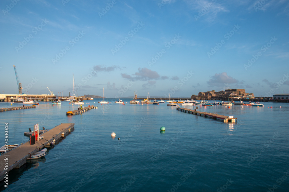 View towards Castle Cornet from the harbour, St Peter Port, Guernsey