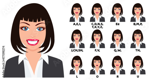 Cute beautiful girl character avatar and with mouth animation pack with lip syncing set for animation and sound pronunciation wearing beautiful outfit isolated