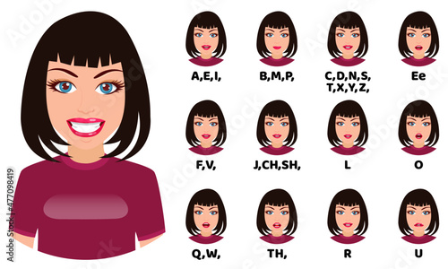 Cute  girl character avatar and with mouth animation pack with lip syncing set for animation and sound pronunciation