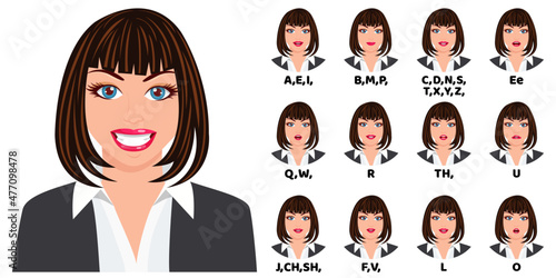 Cute beautiful girl character avatar and with mouth animation pack with lip syncing set for animation and sound pronunciation