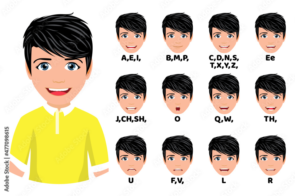 Cute male character avatar with mouth animation pack with lip syncing set for animation and sound pronunciation Cute male character avatar with mouth animation pack with lip syncing set for animation and sound pronunciation