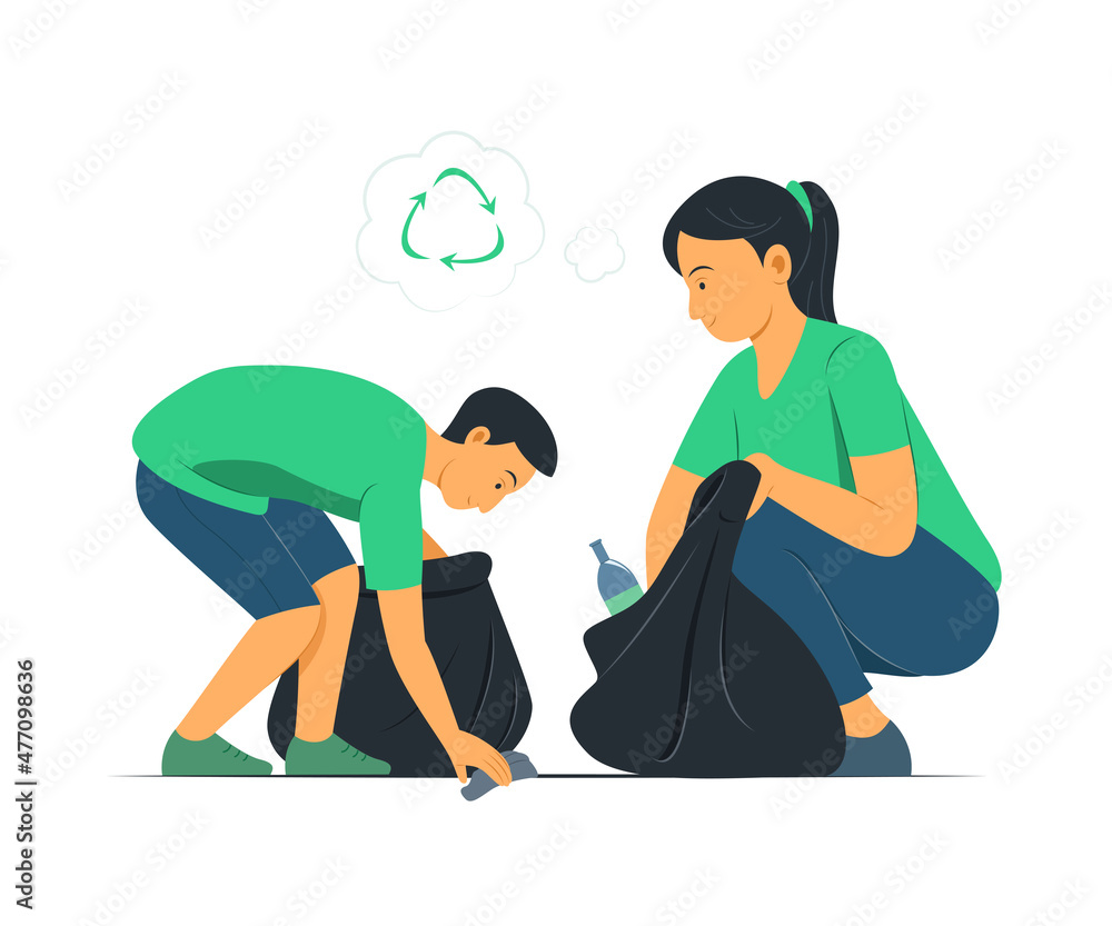 Woman and Boy Picking Up the Waste to Recycle. Woman and Boy Picking Up the Waste to Recycle.