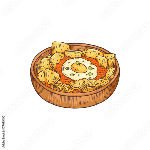 Mexican chilaquiles dish of fried tortilla, sketch vector illustration isolated.