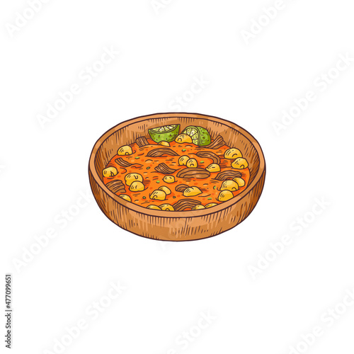 Chili con carne traditional mexican dish, colored sketch vector illustration isolated on white background.