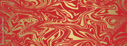 Fluid painting seamless pattern design. Golden fluid lines on red background marble geode. Dye flow style. Vector illustration.Creative background with blots. Horizontal banner.