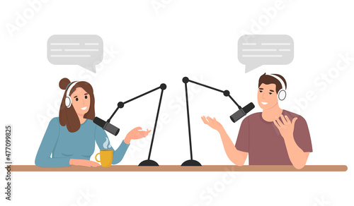 Cute cartoon young man and woman in a headphones talking and recording online podcast with microphone. Podcast concept.