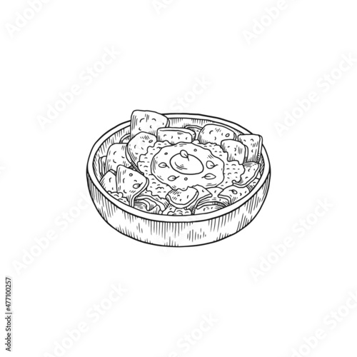 Bowl of traditional mexican dish chilaquiles, outline sketch vector illustration isolated on white background.