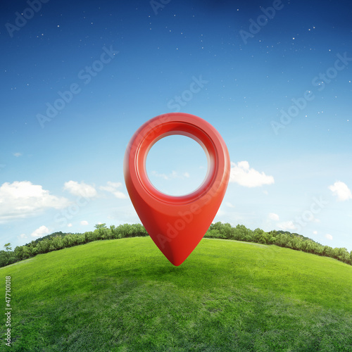 Location pin icon on earth and green grass in Geographic Information System concept. 3d illustration of big red map pointer symbol.