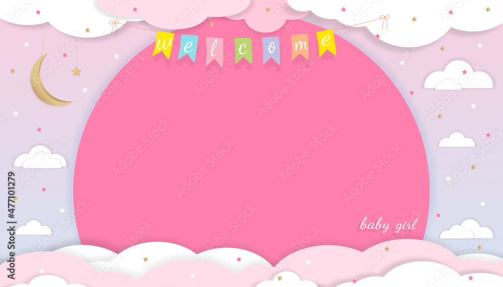 Baby Girl shower card on Pink background,Paper art abstract origami cloudscape, crescent moon and stars on Pink sky,Vector illustration Cute paper cut with copy space for Girl's photos