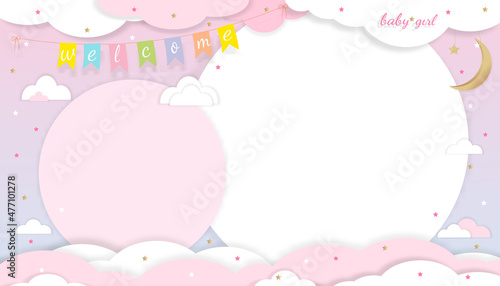 Baby Girl shower card on Pink background,Paper art abstract origami cloudscape, crescent moon and stars on Pink sky,Vector illustration Cute paper cut with copy space for Girl's photos