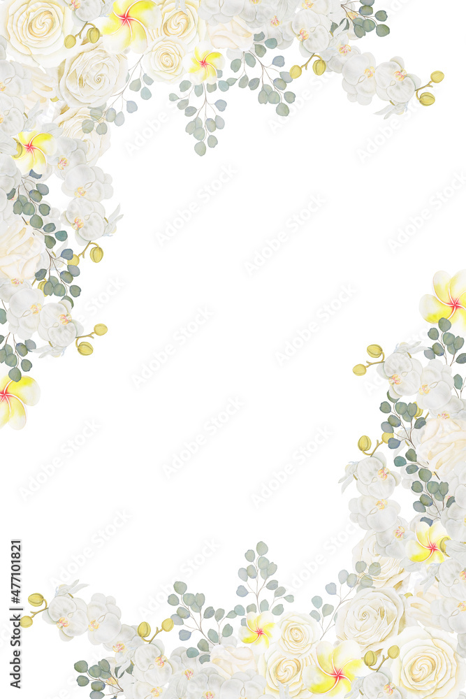 Wedding forms and frames for invitations and cards. Watercolor white flowers and eucalyptus branches on an isolated white background. Delicate romantic classic background for congratulations. Wedding forms and frames for invitations and cards. Watercolor white flowers and eucalyptus branches on an isolated white background. Delicate romantic classic background for congratulations.