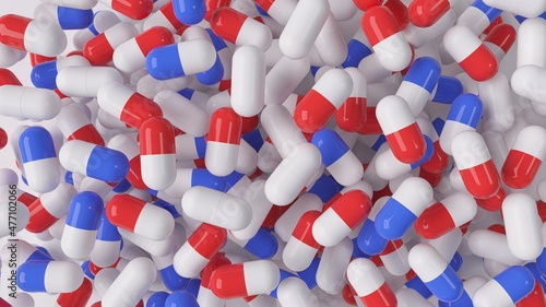Medical pills 3d red and blue meds on white background render (ID: 477102066)