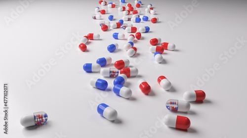 Medical pills 3d red and blue meds on white background render (ID: 477102071)