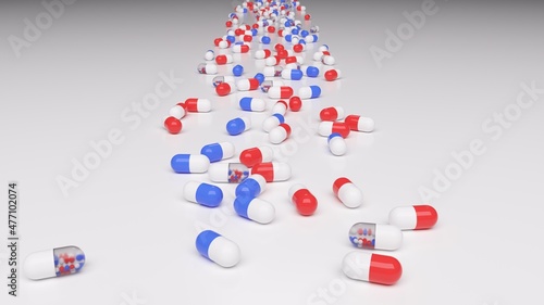 Medical pills 3d red and blue meds on white background render (ID: 477102074)