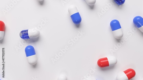 Medical pills 3d red and blue meds on white background render (ID: 477102078)