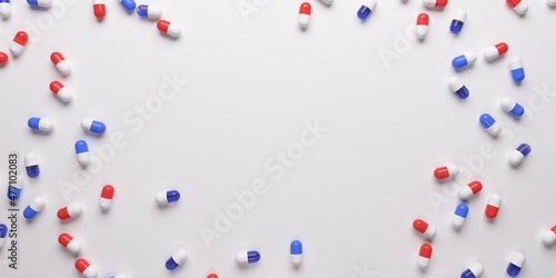 Medical pills 3d red and blue meds on white background render (ID: 477102083)