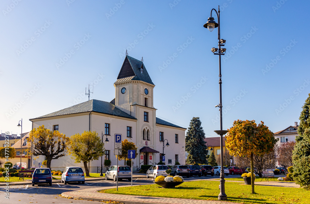 Fototapeta premium Historic Ratusz Town Hall building at Rynek Market Square in old town quarter of Sedziszow Malopolski town of Podkarpacie region in Lesser Poland