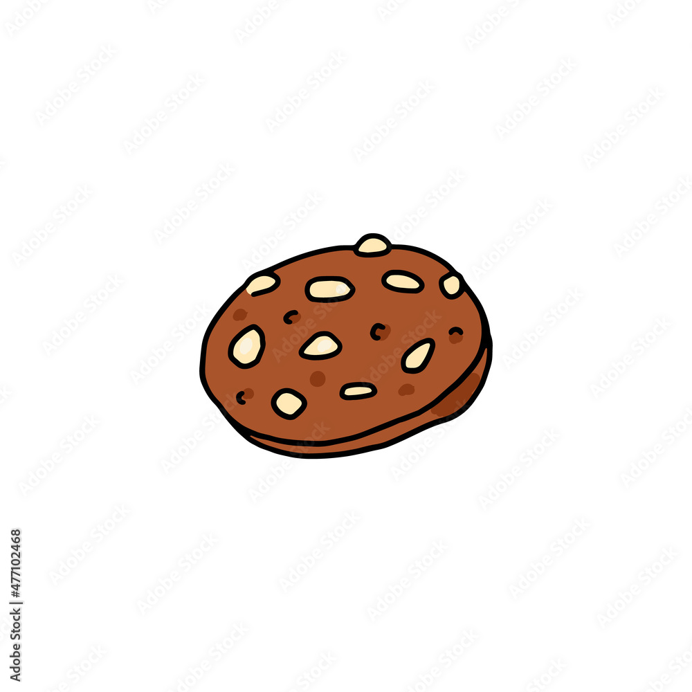 Fototapeta premium Chocolate cookie with almond or peanut chips, colored doodle vector illustration isolated on white background.
