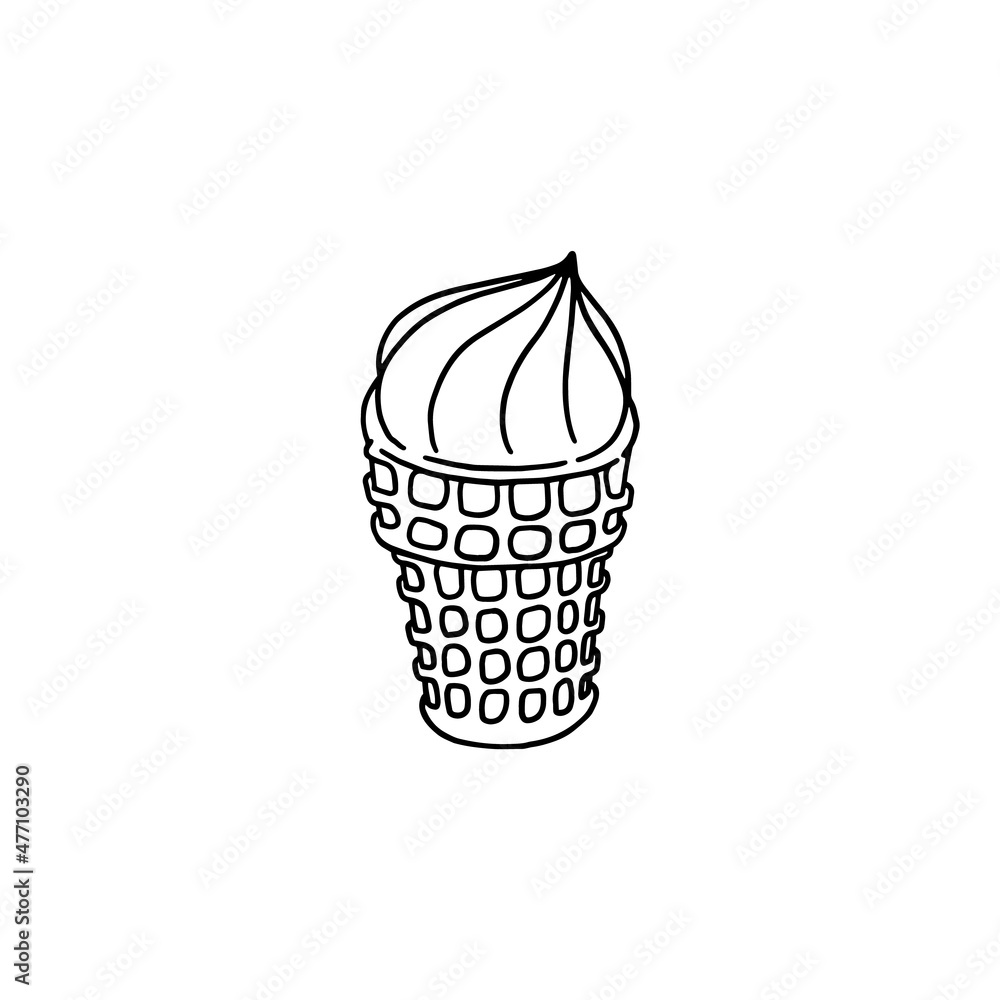 Doodle ice cream in waffle cone with black outlines, flat vector illustration isolated on white background. Doodle ice cream in waffle cone with black outlines, flat vector illustration isolated on white background.