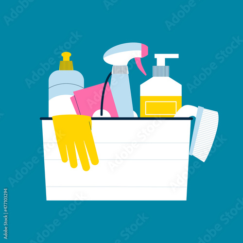 Cleaning supplies bucket with gloves, brush and detergent bottles. Flat illustration of housekeeping products for professional cleanup.