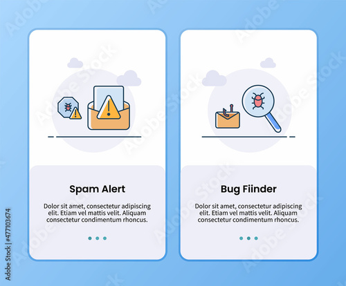 internet security spam alert and bug finder onboarding template for mobile ui app design
