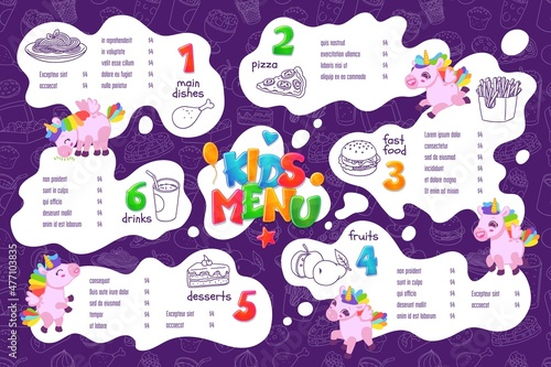 Cute menu for kids with cartoon unicorn characters and seamless pattern on background, flat vector illustration.