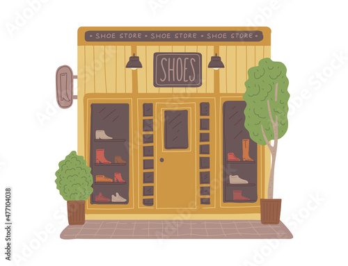 Shoe store front with showcase with footwear, flat vector illustration isolated.