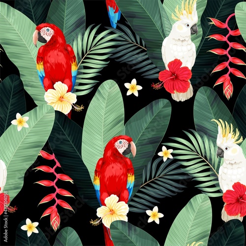 Vector seamless pattern with macaw and leaves