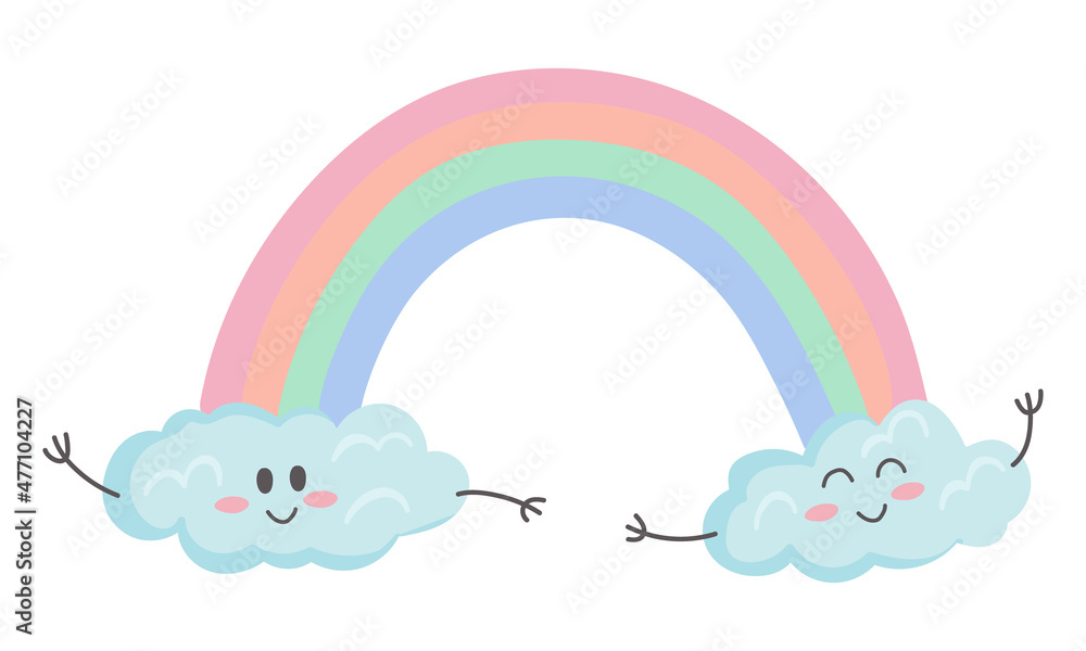 Vector illustration of a cute rainbow with smiling clouds. Vector illustration of a cute rainbow with smiling clouds.