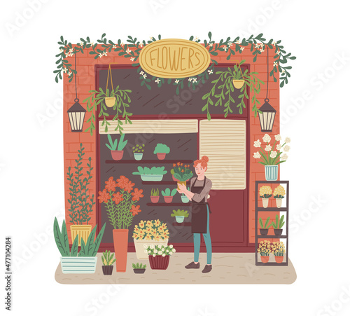 Flower shop facade with bouquets in showcase, flat vector illustration isolated.