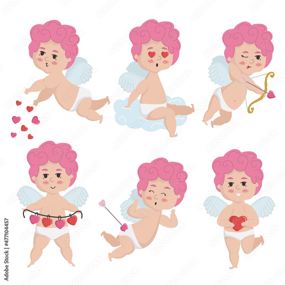 Vector illustration set of pink-haired cupid in different poses. Valentine's day and wedding concept cupid archery, sitting on a cloud ,giving love Vector illustration set of pink-haired cupid in different poses. Valentine's day and wedding concept cupid archery, sitting on a cloud ,giving love