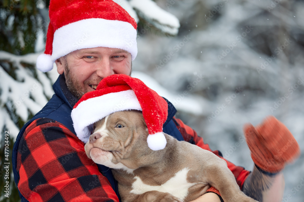 Happy man holding lovely dog in his hands wearing in a Santa hat in snowy forest. Smiling boy hugging adorable puppy in winter wood. Pet lover. Dog - human s friend concept. Christmas holidays