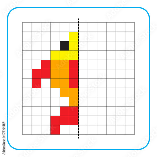 Picture reflection educational game for kids. Learn to complete symmetry worksheets for preschool activities. Coloring grid pages, visual perception and pixel art. Complete the goldfish image.