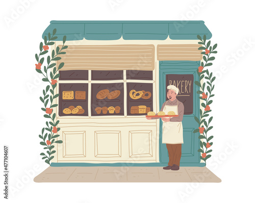 Bakery shop building facade with baker, flat vector illustration isolated.